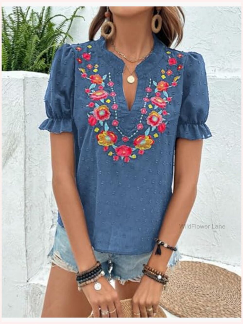 Women's V Neck Puff Sleeve Embroidered Blouse Summer - Picture 3 of 7